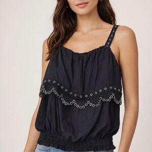 Ramy Brook Eleanor eyelet ruched Grommet Detail Black XS/TP Women Top Blouse